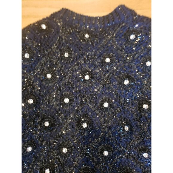 Vintage M M Kriza Beaded Jacket Cardigan Sweater Sequins Navy 100% Wool Size S - Picture 13 of 16